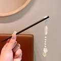 Elegant black sandalwood hairpin with white flower, green beads and pearl tassel charms - 27# Style