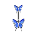 Detail of 14G stainless steel belly ring with double blue glitter butterflies - Style 13 (Double Blue Glitter Butterfly)