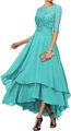 Elegant turquoise lace evening dress with high-low tiered chiffon skirt and half sleeves - US 2 / Turquoise