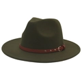 Detail of dark olive wool fedora hat featuring a brown faux leather studded belt trim - M(56-58cm) / Army Green (3 Rivets)