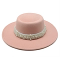 Detail of light pink wool felt boater hat with a decorative wide white pearl band - M (56-58cm) / Warm Pink