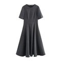 Vestido midi gris oscuro de manga corta con falda acampanada en línea A vista plana - XS / Gris