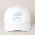 White trucker hat with blue Save Water Drink Margs embroidery and breathable mesh back - One Size / White