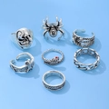 7pcs retro gothic ring set with skull spider snake and bat designs in antique silver finish - Skull Spider Snake Bat Ring Set Style (A-293)