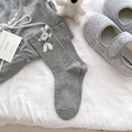 Light gray mid-calf cotton socks featuring 3D plush bunny and checkered bow detail - Plaid Bow Rabbit Style / Light Grey Rabbit