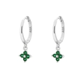 Silver S925 huggie hoop earrings with green clover flower charm and emerald accents - White Gold (Style F)