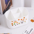 White 4-compartment desktop organizer with cute cartoon stickers for stationery storage - White (With Stickers)