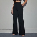 Women's black high-waisted satin trousers with cuffed hem and side pockets - XS / Black