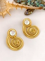 Golden spiral stud earrings with iridescent gemstone in a minimalist geometric design - Spiral Iridescent Gem