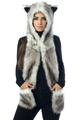 Grey and white 3-in-1 faux fur hooded scarf with animal ears and integrated mittens - White with Black Tip and Snap Button