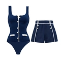 Detail of navy blue swimwear set featuring white contrast binding and decorative buttons - S / Tank Top Set