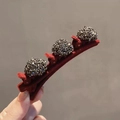 Rote beflockte Haarspange mit funkelnden silbernen Strasssteinen für Damen - Halbkreis Strass 2Stk / Burgunderrot