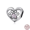 S925 sterling silver heart charm with pink zircon cat paw prints on a white background - Pink Zirconia Heart Paw