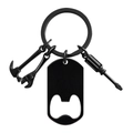 Black stainless steel keychain with mini tool charms including hammer and bottle opener - Black Hammer Wrench Screwdriver Bottle Opener Keychain