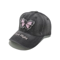 Close-up of dark grey denim baseball cap with butterfly patch and Free Flight embroidery - M (56-58cm) / Gray