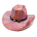 Detailed view of the iridescent snakeskin texture and turquoise bead trim on cowboy hat - Red