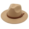 Classic camel wool fedora hat with a stylish brown leather belt buckle band decoration - One Size / Camel