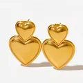 Polished gold double heart dangle earrings in minimalist stainless steel finish - Gold (KDE2102)