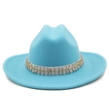 Sky blue wool jazz fedora hat featuring rhinestone and metal stud trim for women and men - M (56-58cm) / Lake Blue