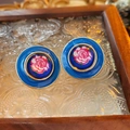 Vintage gold-plated earrings with blue enamel and pink rose floral pattern design - Silver Earring Post Rose Flower Enamel Hoop Stud Earrings