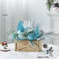 Mini lighted Christmas tree in long wooden box with blue ornaments, 25cm tabletop decor - Long Wood Box Blue Tree (B23001B-1)