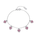 Silver S925 link bracelet featuring five sparkling pink pavé heart charms with lobster clasp - Platinum Plated 5-Pink Heart Pendant Bracelet 3.2g