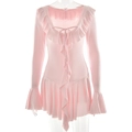Detailed view of pink long sleeve dress with ruffled edges and lace-up neck design - S / Pink