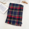 Classic plaid scarf in navy blue, red and beige checks with soft tassel edges - Blue