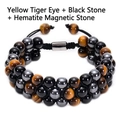 Triple-row braided bracelet featuring tiger eye, black stone and magnetic hematite beads - Yellow Tiger Eye Black Beads (Triple Layer)