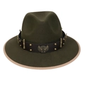 Army green felt fedora hat with khaki trim and decorative leather belt with metal wing - M (56-58cm) / Army Green (91 Series Dual Guns Wings Badge Decor)