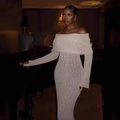 Elegant off-shoulder knitted long-sleeve slim maxi dress in creamy white color - XS / White