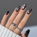Gothic black and silver press-on nails with minimalist wide silver and textured rings - Bz2072 Multi-story Pavilion / Jelly Glue + Nail File
