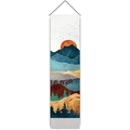 Vertical wall scroll showing landscape sunrise painting with wooden bar and tassels - 32.5x130cm / Style 3