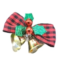 Detailed view of red plaid bow with green holly leaves and gold metal bells decoration - Christmas Bow 18