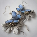 Vintage silver butterfly and daisy drop earrings with sky blue textured wings - Blue Butterfly Daisy / Blue Silver Gold