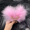 Elegante fermaglio per capelli in piume rosa con rami dorati e perle bianche - Rosa - Ramo Paio
