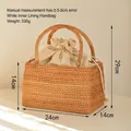 Handmade woven picnic basket bag in beige with canvas drawstring liner and arc handles - Small Handheld Bag (White Lining)