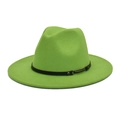 Detail of neon green wool fedora hat featuring a black leather band and metal buckle - M (56-58cm) / Fruit Green