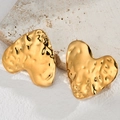 Textured 18K gold heart stud earrings with irregular hammered finish on a stone - E808 Hammered Heart Stud Earrings