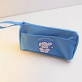 Blue canvas pencil case with cute cartoon dog pattern and double layer zipper storage - Blue