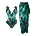 Dreiteiliges Bikini-Set mit blauem Schuppenmuster, Badeanzug und passendem Wickelrock - S / Oberteil Und Unterteil / Grüne Schuppe