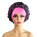 Satin sleep bonnet in black with pink star prints and wide elastic headband - 10879 Black Pink Star