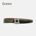 Slim genuine leather belt in glossy green with a luxury square rhinestone buckle - Green
