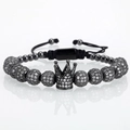Lussuoso bracciale di perle nere con corona e cristalli trasparenti, regolabile - Sfera Nera + Corona