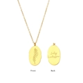 Golden stainless steel oval July Larkspur floral pendant necklace with front and back view - July (Larkspur)
