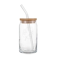 Can-shaped glass cup with bamboo lid and straw featuring monstera leaf pattern - Leaf