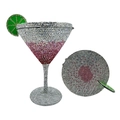 Close-up of martini glass evening bag with pink and silver crystals and lemon slice detail - Pink Lady / Silver Hardware