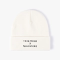 Off-white knit beanie with Thick Thighs x Thin Patience embroidery on the folded cuff - One Size / White
