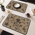 Waterproof leather placemat with warm khaki floral print and English border text - Square Rounded / 4 Pieces / French Vintage Style-N