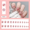 Sweet pink press-on nails with white flower patterns and gold lines, set R516 - R516 Pink Transparent Camellia